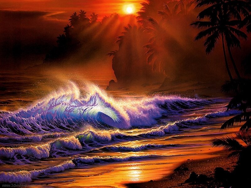 Ocean Waves at Sunset — Orange, Dramatic, Digital Art, Palm Trees, Sun, Beach