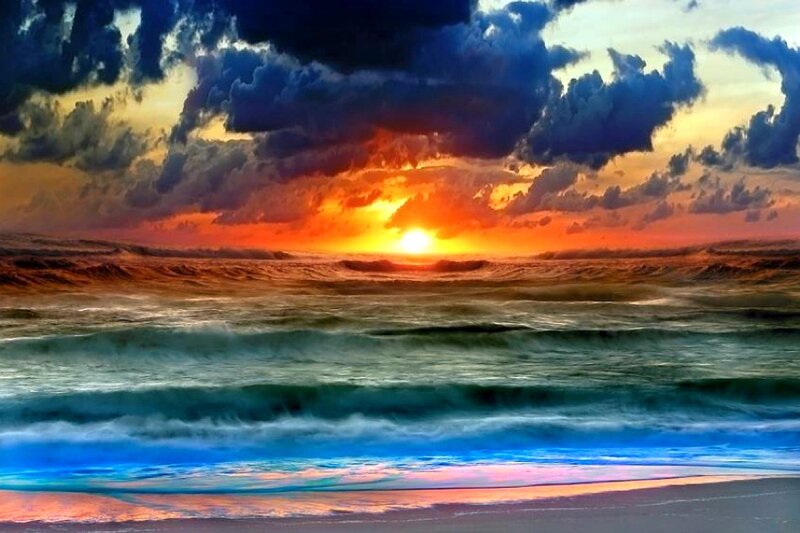 Ocean Waves at Sunset — Orange, Dramatic, Digital Art, Sun, Clouds, Beach, Blue, Yellow