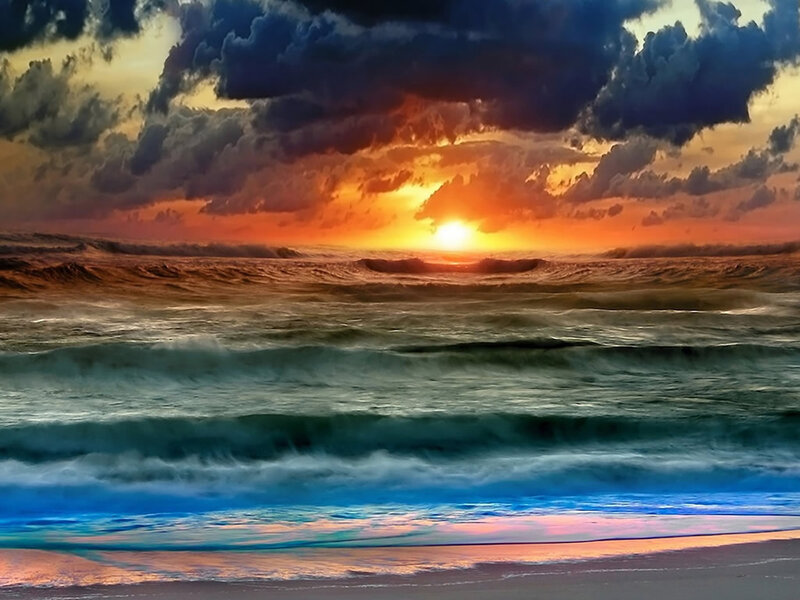 Ocean Waves at Sunset — Orange, Dramatic, Digital Art, Sun, Clouds, Beach