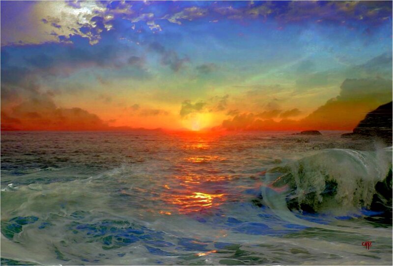 Ocean Waves at Sunset — Orange, Dramatic, Digital Art, Sun, Clouds, Rocks