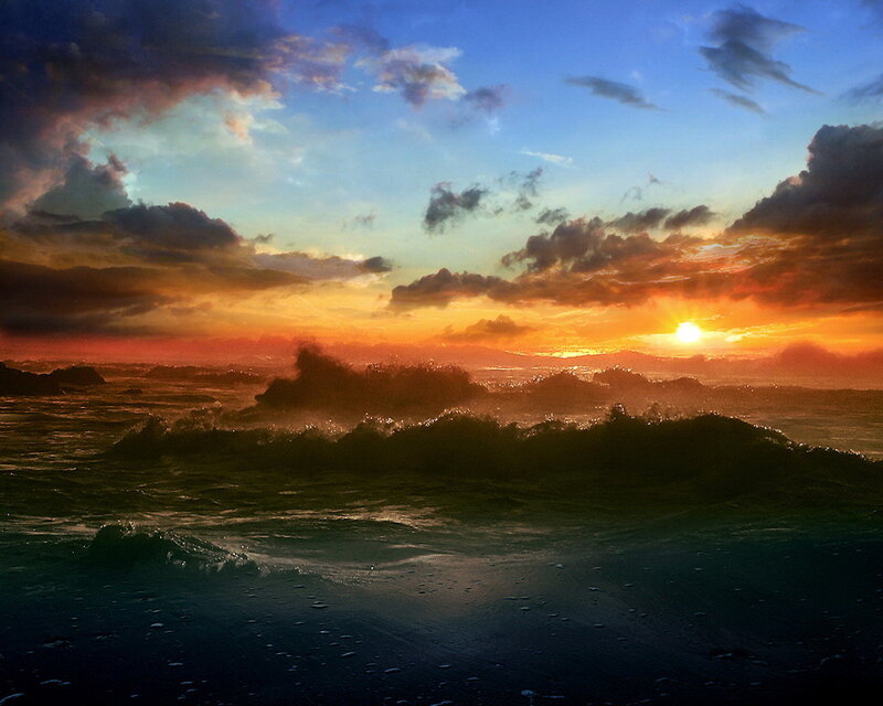 Ocean Waves at Sunset — Orange, Dramatic, Digital Art, Sun, Clouds, Sea, Blue, Black