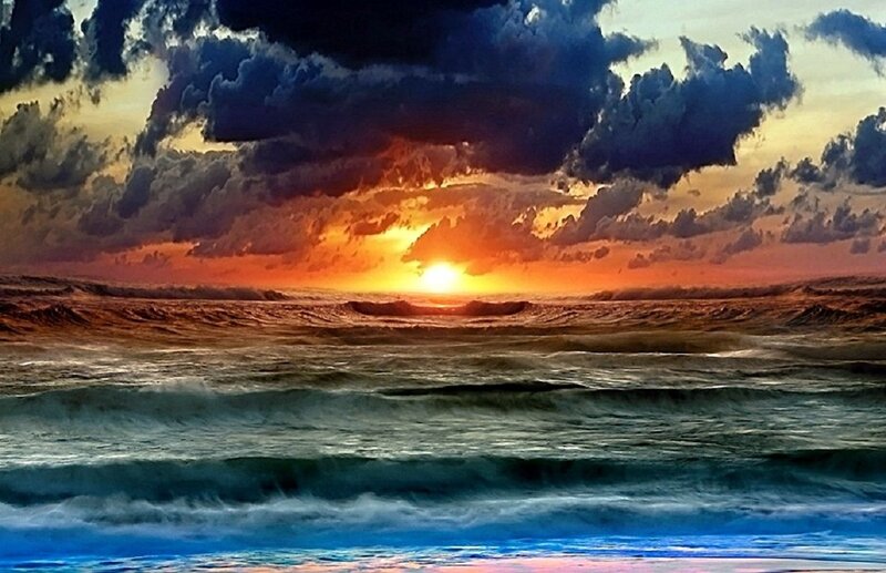 Ocean Waves at Sunset — Orange, Dramatic, Digital Art, Sun, Clouds, Sea