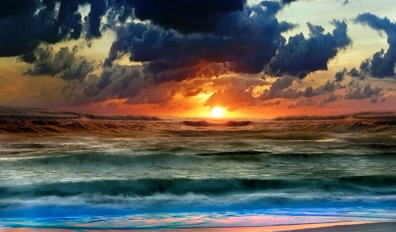 Ocean Waves at Sunset — Orange, Dramatic, Digital Art