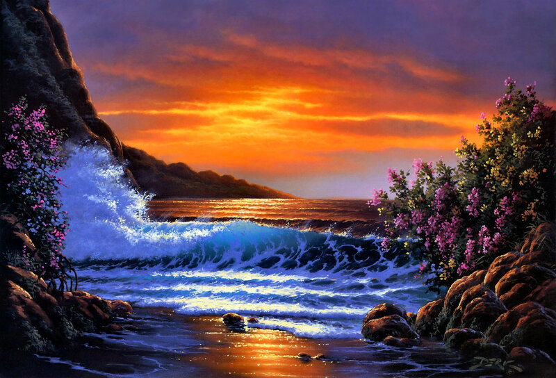 Ocean Waves at Sunset — Orange, Dramatic, Painting, Flowers