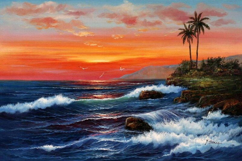 Ocean Waves at Sunset — Orange, Dramatic, Painting, Palm Trees, Seagulls