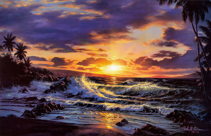 Ocean Waves at Sunset — Orange, Dramatic, Painting, Palm Trees