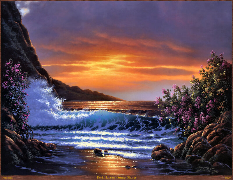 Ocean Waves at Sunset — Orange, Dramatic, Painting, Rocks, Flowers, Sea
