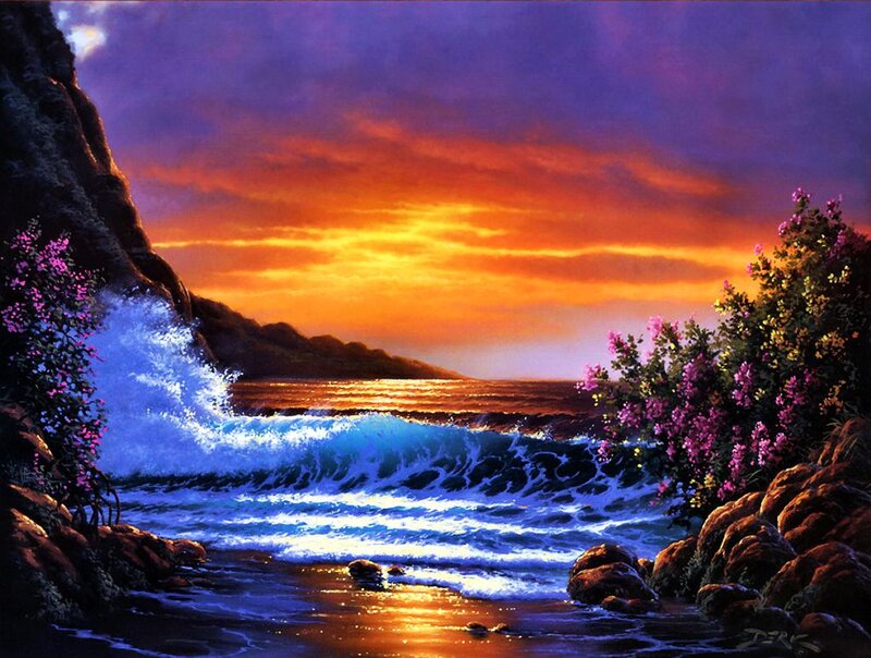 Ocean Waves at Sunset — Orange, Dramatic, Painting, Rocks, Flowers
