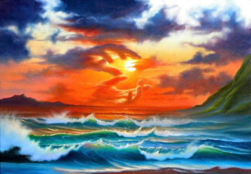 Ocean Waves at Sunset — Orange, Dramatic, Painting, Sky, Mountain