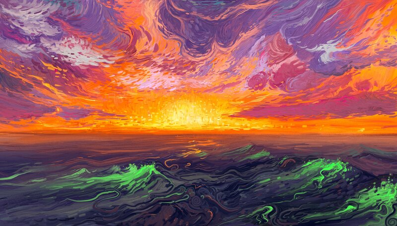 Ocean Waves at Sunset — Orange, Dramatic, Painting, Sky, Sun