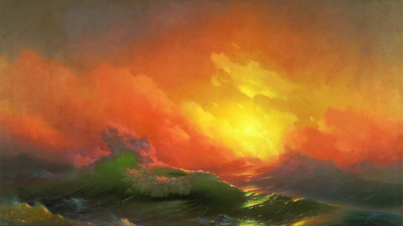Ocean Waves at Sunset — Orange, Dramatic, Painting, Sky