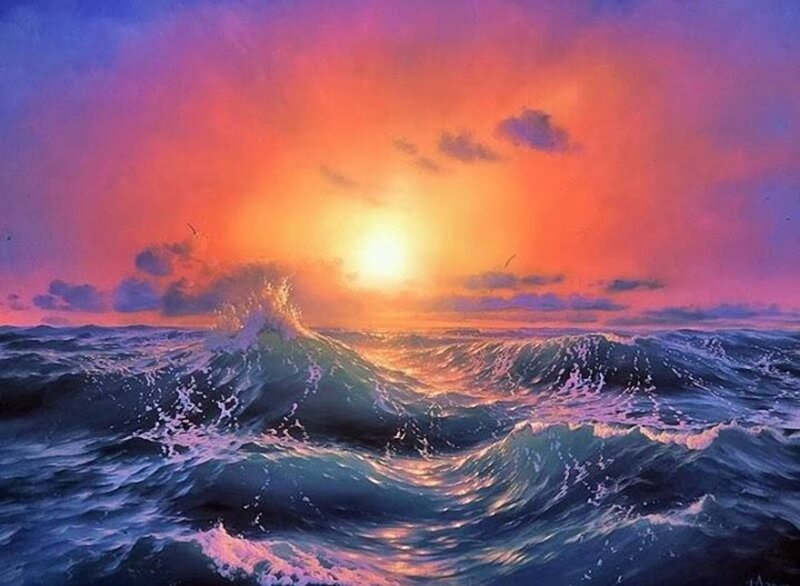 Ocean Waves at Sunset — Orange, Dramatic, Painting, Sun, Clouds