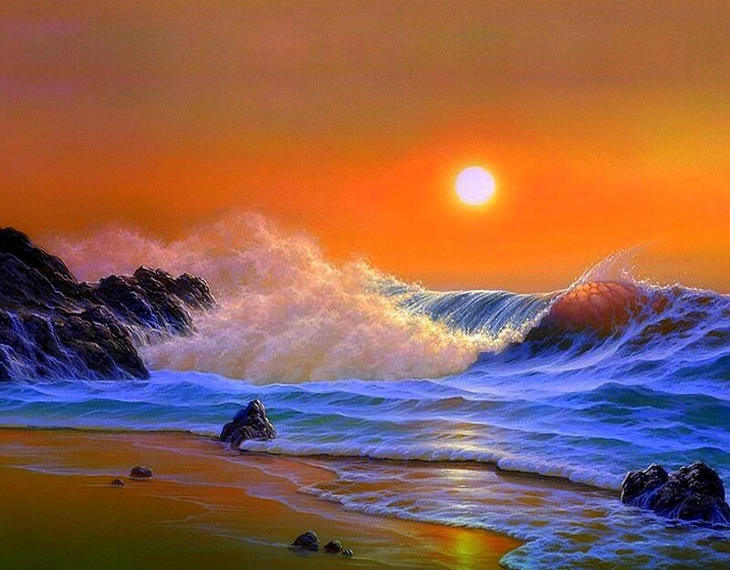 Ocean Waves at Sunset — Orange, Dramatic, Painting, Sun, Rocks, Beach