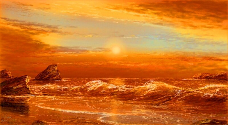 Ocean Waves at Sunset — Orange, Dramatic, Painting, Sun, Rocks, Clouds