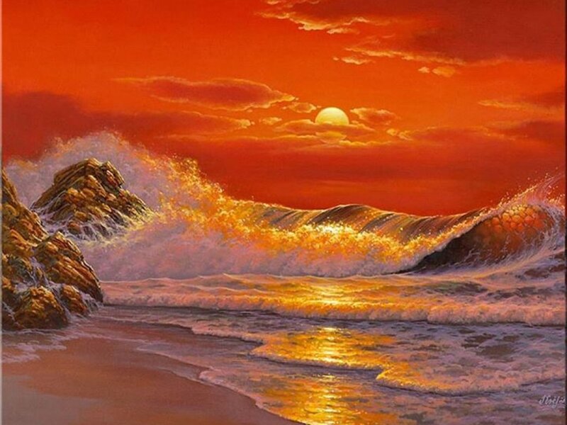 Ocean Waves at Sunset — Orange, Dramatic, Painting, Sun, Rocks