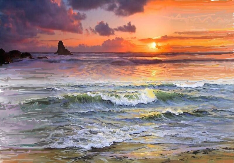 Ocean Waves at Sunset — Orange, Dramatic, Painting, Sun