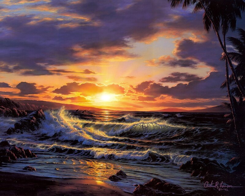 Ocean Waves at Sunset — Orange, Dramatic, Painting