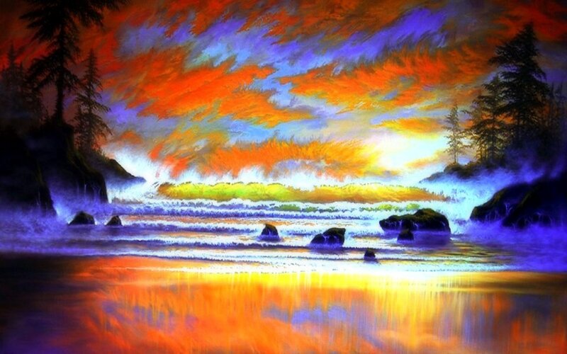 Ocean Waves at Sunset — Orange, Dramatic, Painting, Trees