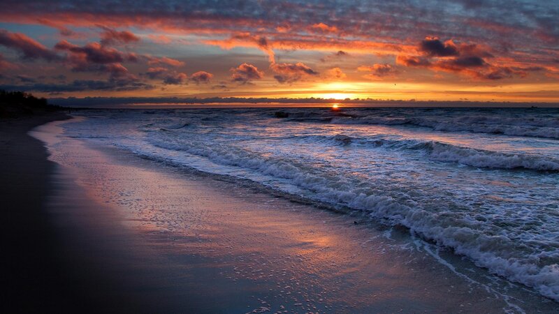 Ocean Waves at Sunset — Orange, Dramatic, Photograph, Beach, Clouds, Sun, Purple, Blue