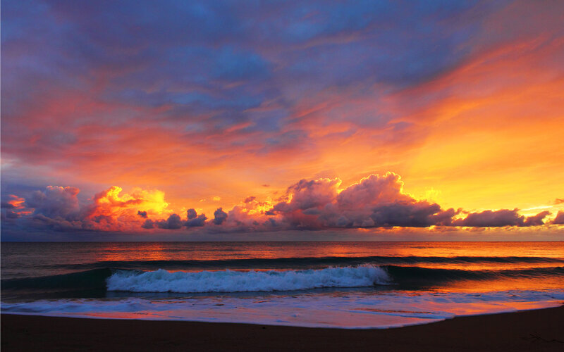 Ocean Waves at Sunset — Orange, Dramatic, Photograph, Beach, Clouds