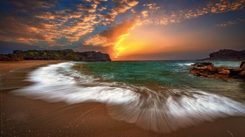Ocean Waves at Sunset — Orange, Dramatic, Photograph, Beach, Rocks