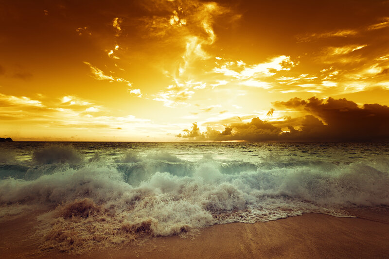 Ocean Waves at Sunset — Orange, Dramatic, Photograph, Beach, Sky, Clouds