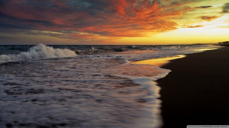 Ocean Waves at Sunset — Orange, Dramatic, Photograph, Beach, Sky