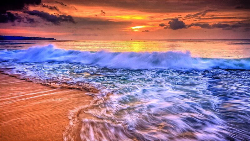Ocean Waves at Sunset — Orange, Dramatic, Photograph, Beach
