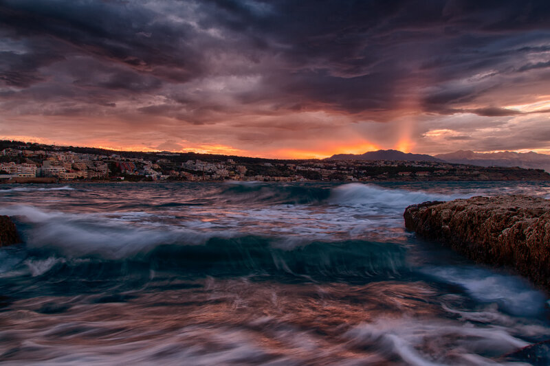 Ocean Waves at Sunset — Orange, Dramatic, Photograph, City