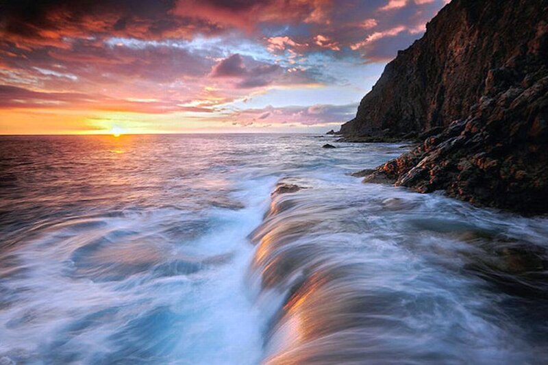 Ocean Waves at Sunset — Orange, Dramatic, Photograph, Cliffs