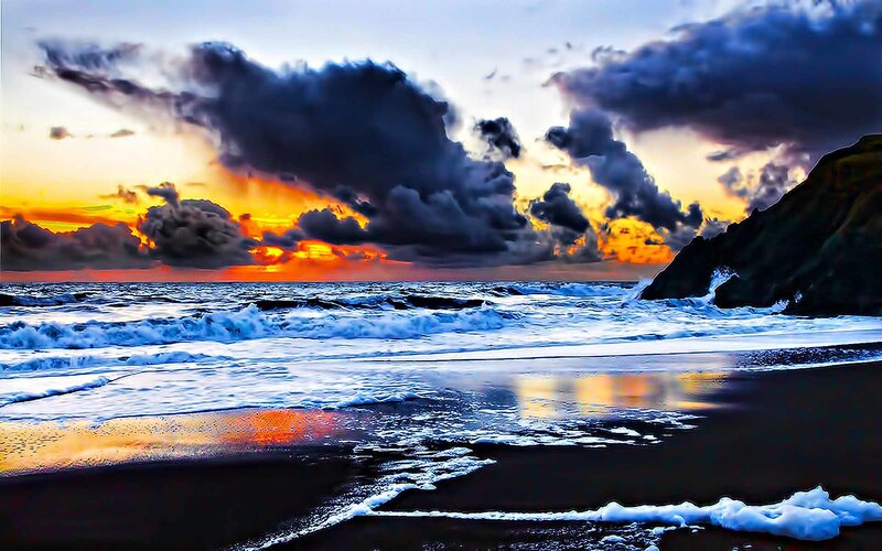 Ocean Waves at Sunset — Orange, Dramatic, Photograph, Clouds, Beach, Cliff, Blue
