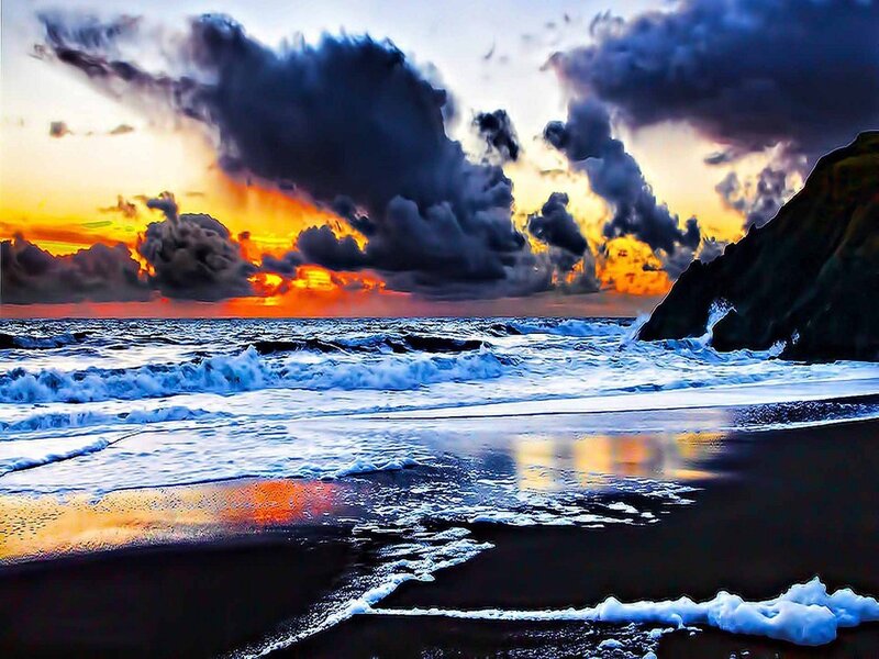 Ocean Waves at Sunset — Orange, Dramatic, Photograph, Clouds, Beach, Cliff