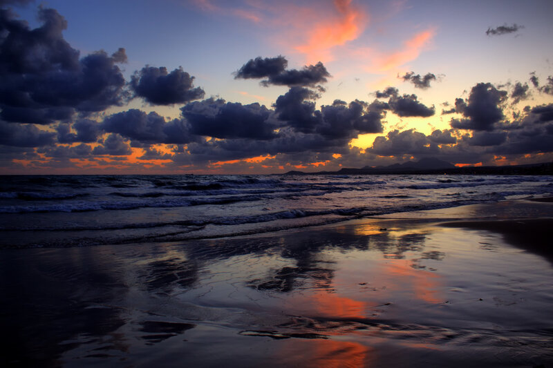 Ocean Waves at Sunset — Orange, Dramatic, Photograph, Clouds, Beach, Mountains