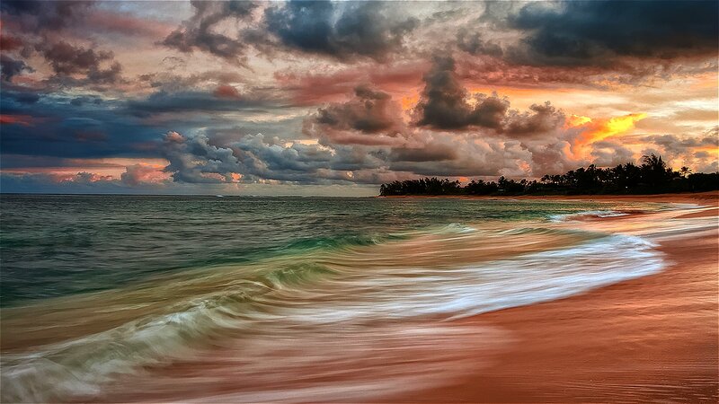 Ocean Waves at Sunset — Orange, Dramatic, Photograph, Clouds, Beach, Trees