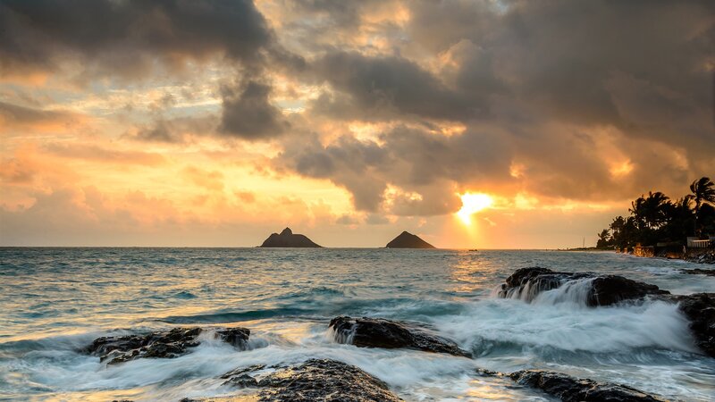 Ocean Waves at Sunset — Orange, Dramatic, Photograph, Clouds, Islands, Palm Trees