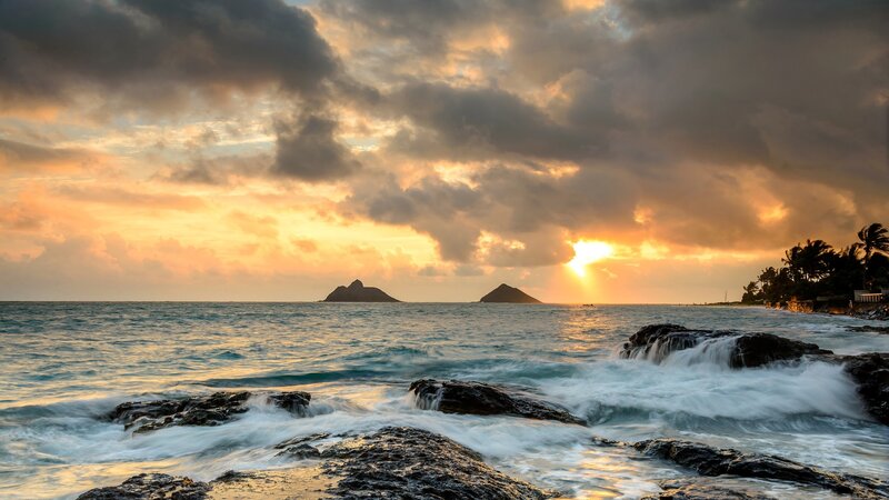 Ocean Waves at Sunset — Orange, Dramatic, Photograph, Clouds, Islands