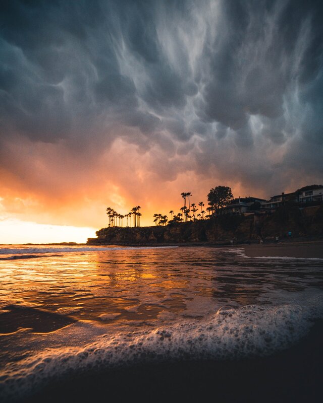 Ocean Waves at Sunset — Orange, Dramatic, Photograph, Clouds, Palm Trees