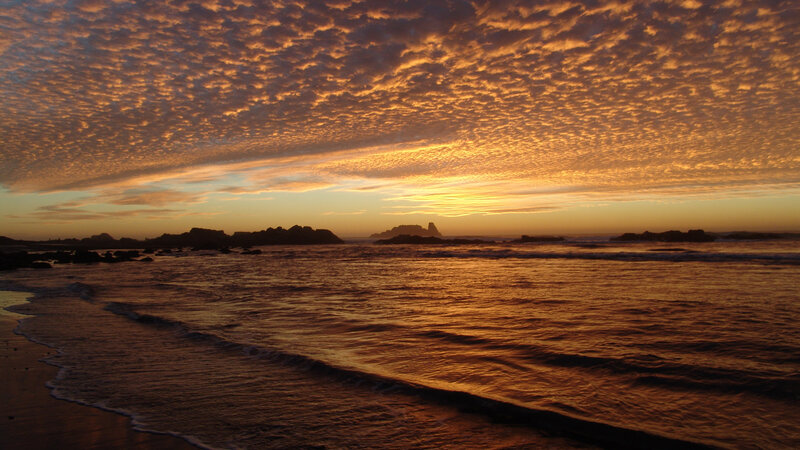 Ocean Waves at Sunset — Orange, Dramatic, Photograph, Clouds, Rocks, Beach