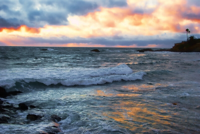 Ocean Waves at Sunset — Orange, Dramatic, Photograph, Clouds, Rocks, Palm Trees