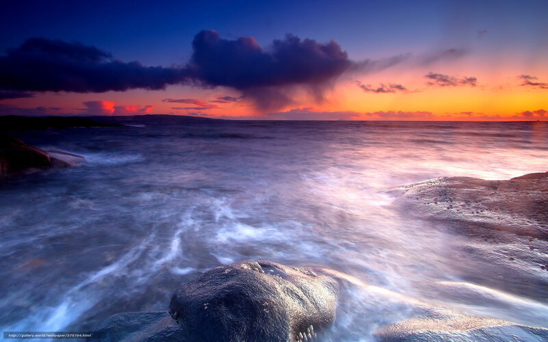 Ocean Waves at Sunset — Orange, Dramatic, Photograph, Clouds, Rocks, Sea