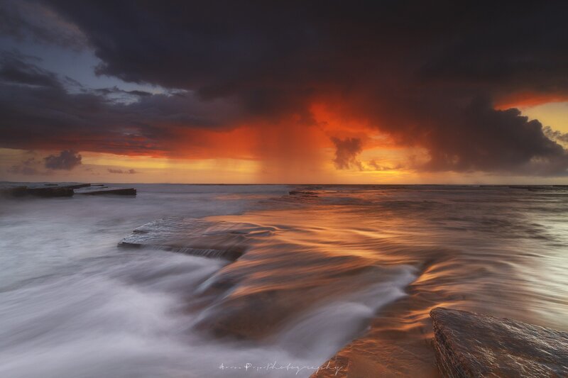 Ocean Waves at Sunset — Orange, Dramatic, Photograph, Clouds, Rocks, Sky