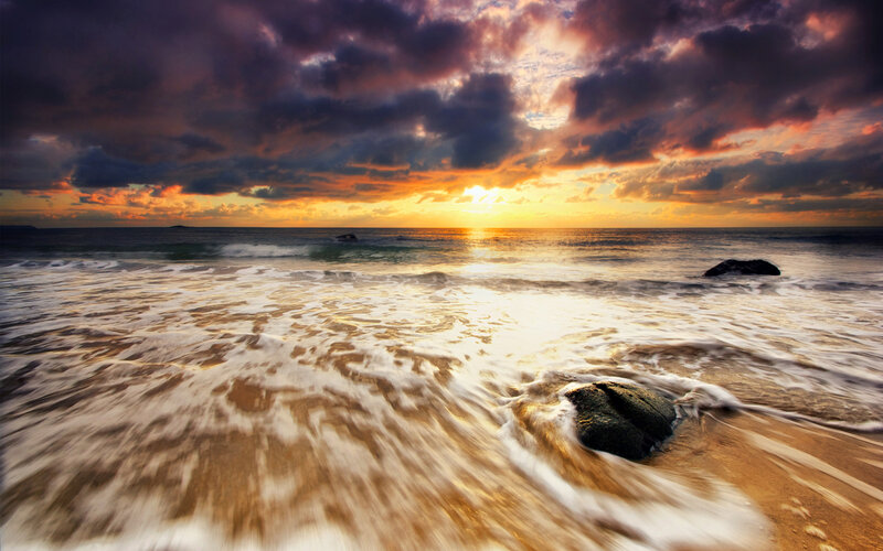 Ocean Waves at Sunset — Orange, Dramatic, Photograph, Clouds, Rocks, Sun
