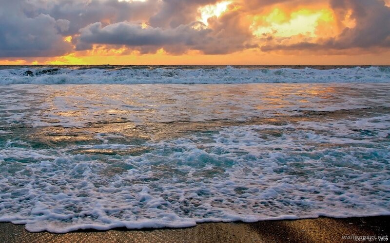Ocean Waves at Sunset — Orange, Dramatic, Photograph, Clouds, Sand, Foam