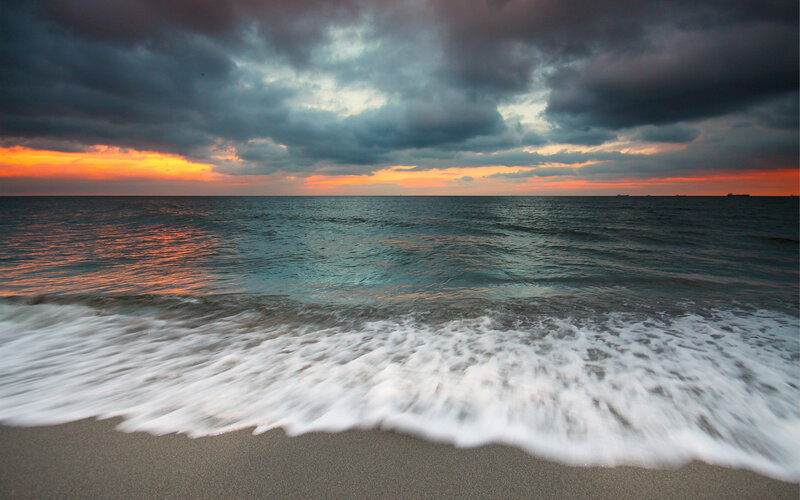 Ocean Waves at Sunset — Orange, Dramatic, Photograph, Clouds, Sand, Horizon