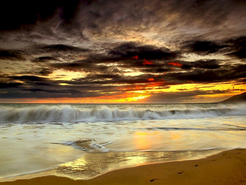 Ocean Waves at Sunset — Orange, Dramatic, Photograph, Clouds, Sand, Mountain