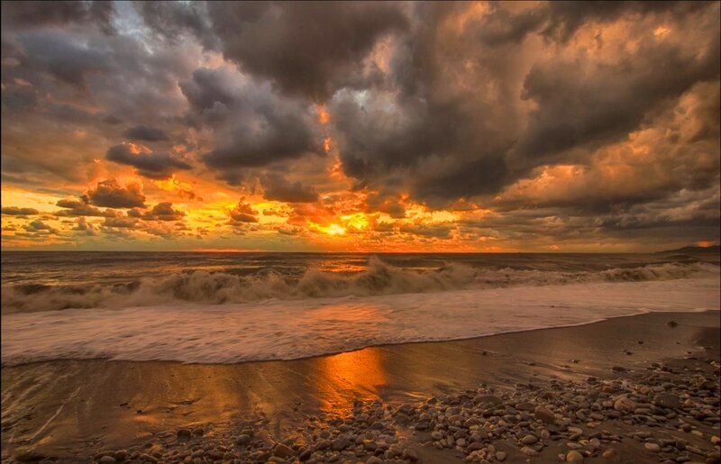 Ocean Waves at Sunset — Orange, Dramatic, Photograph, Clouds, Sand, Pebbles