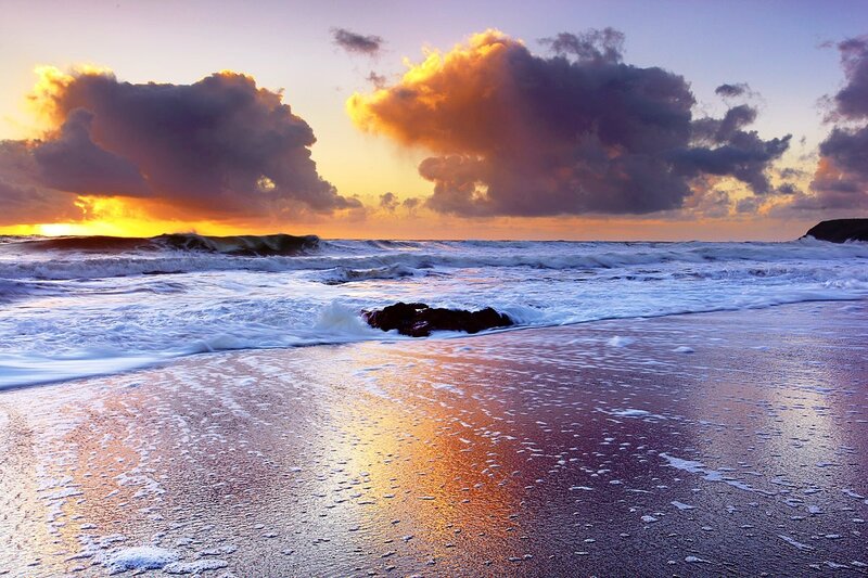 Ocean Waves at Sunset — Orange, Dramatic, Photograph, Clouds, Sand, Rock