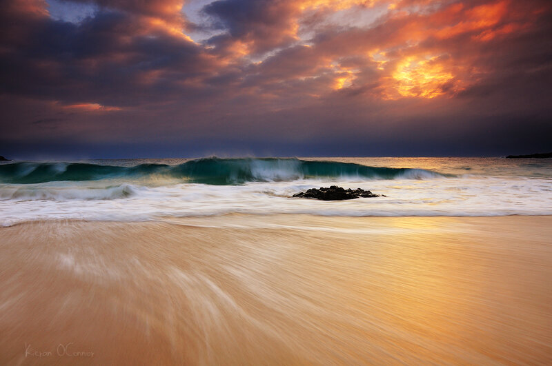 Ocean Waves at Sunset — Orange, Dramatic, Photograph, Clouds, Sand, Rocks