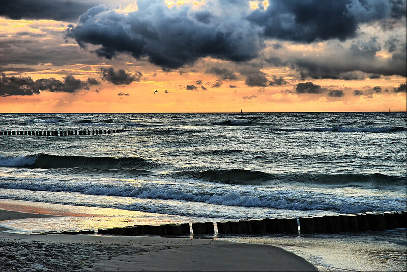 Ocean Waves at Sunset — Orange, Dramatic, Photograph, Clouds, Sand, Sea, Bird