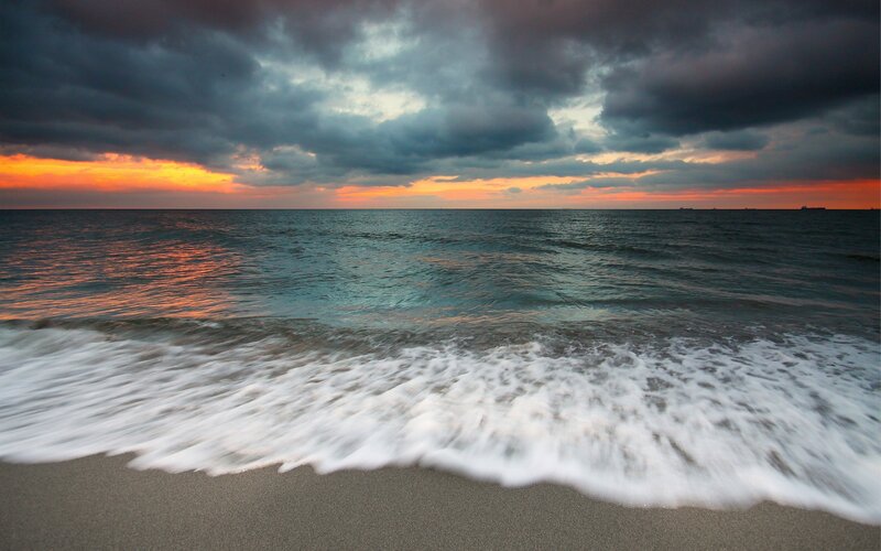 Ocean Waves at Sunset — Orange, Dramatic, Photograph, Clouds, Sand, Sea